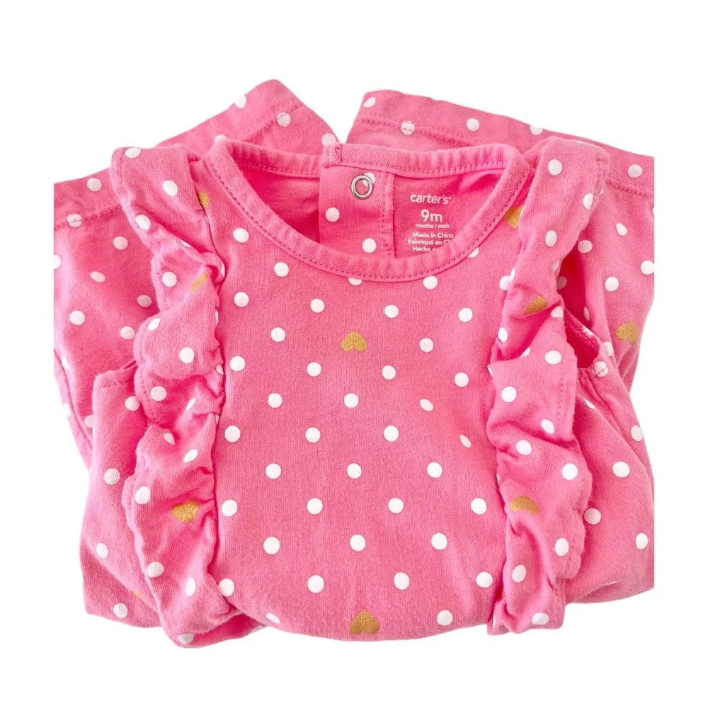 Carter's Pink & White Polka Dot Ruffle Romper w/Gold Hearts, Baby Girl 9 Months